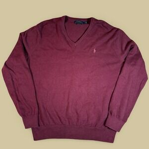 Polo Ralph Lauren Pima Cotton V-Neck Sweater Mens L Burgundy Logo